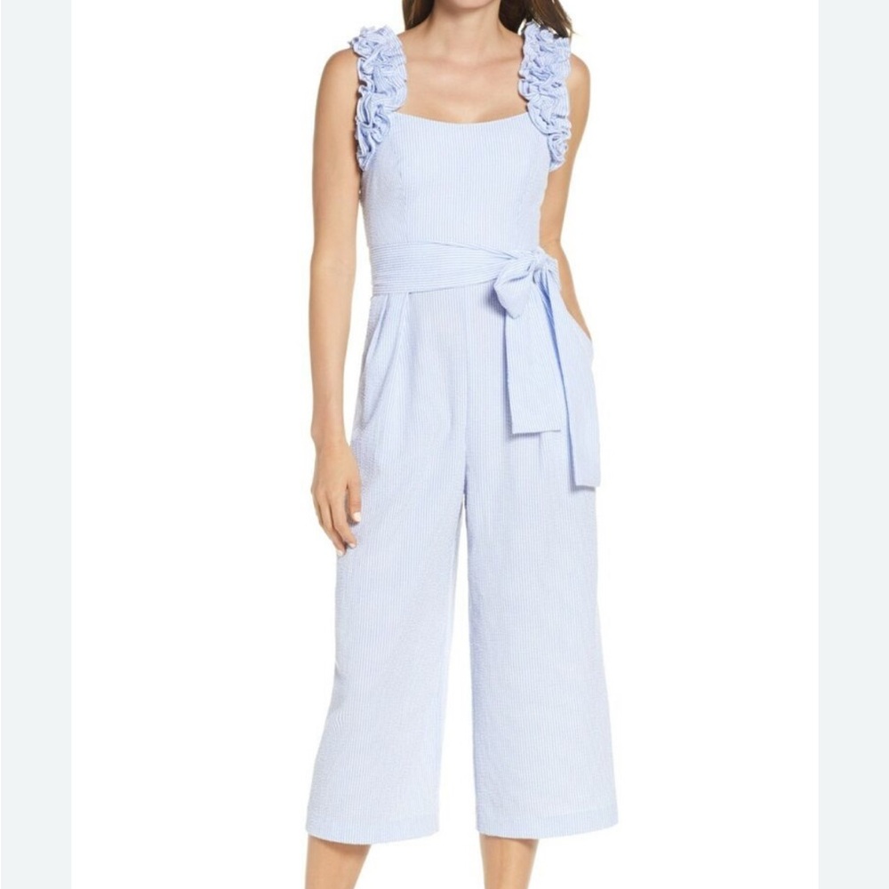 Women's Eliza J | Ruffle Strap Seersucker Jumpsuit | Size 10 - Blue